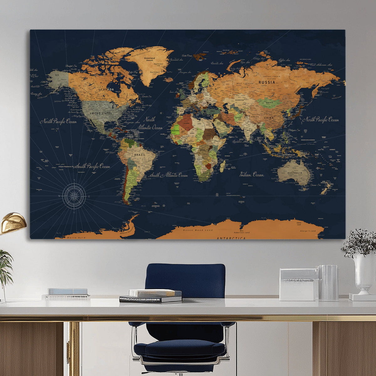 Modern World Map Canvas Print – Framed Detailed Map of the