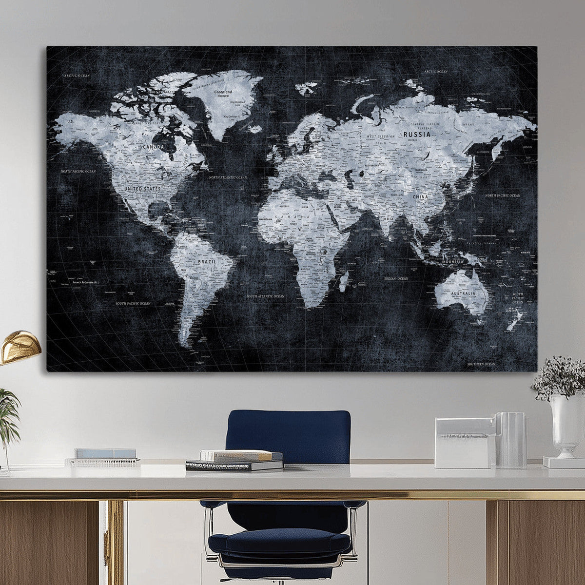Black World Map Canvas Print – Detailed Map for Couples and