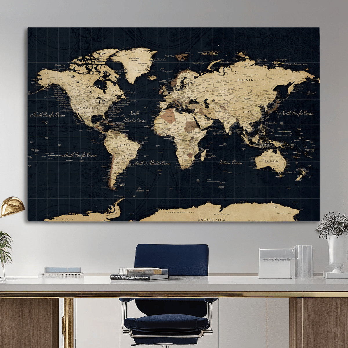 Dark World Map Canvas Wall Art Print, Minimal Black and Gold