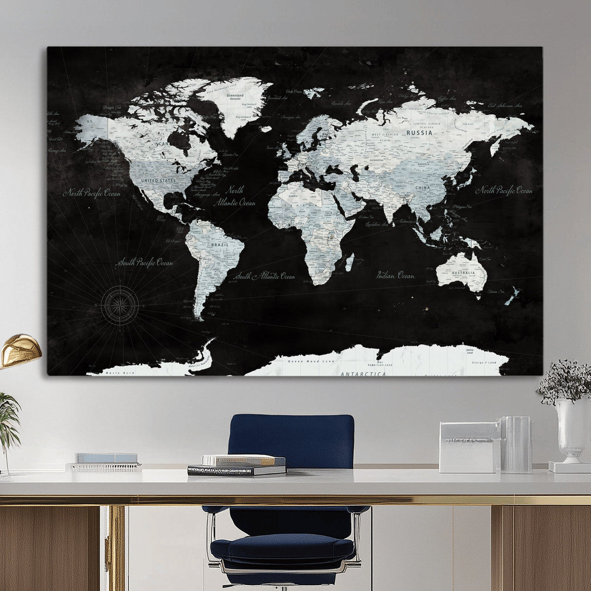 World Map Canvas Print – Framed Push Pin Wall Art, Color
