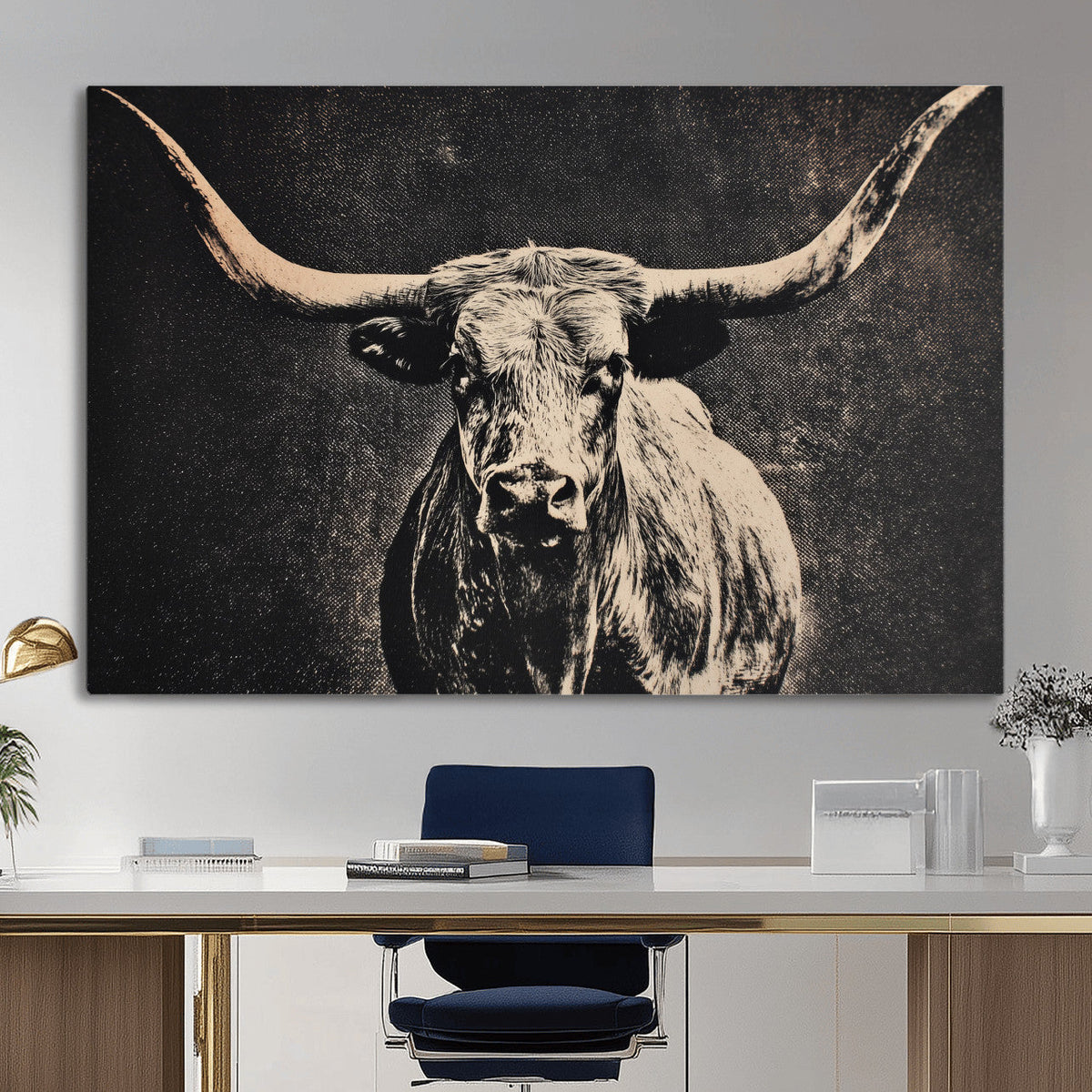Vintage Texas Longhorn Bull Wall Art Canvas Print, Cow