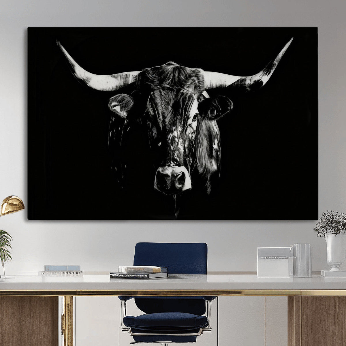 Black Bull Wall Art Canvas Print, Dark Longhorn Portrait