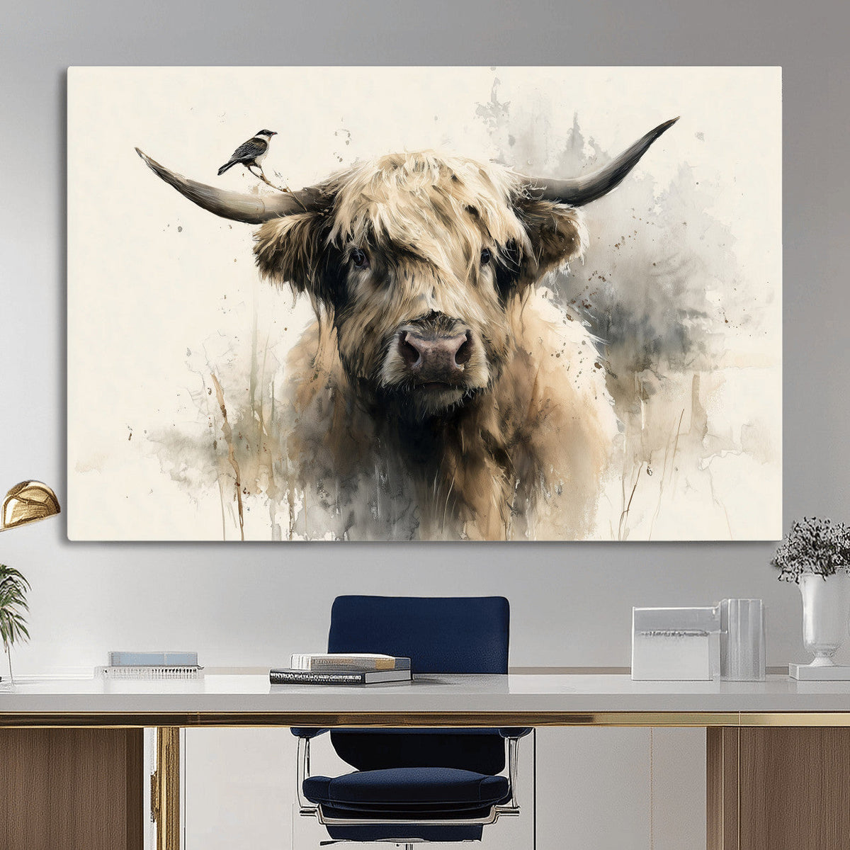 Abstract Highland Cow Wall Art Canvas Print, Rustic Farm