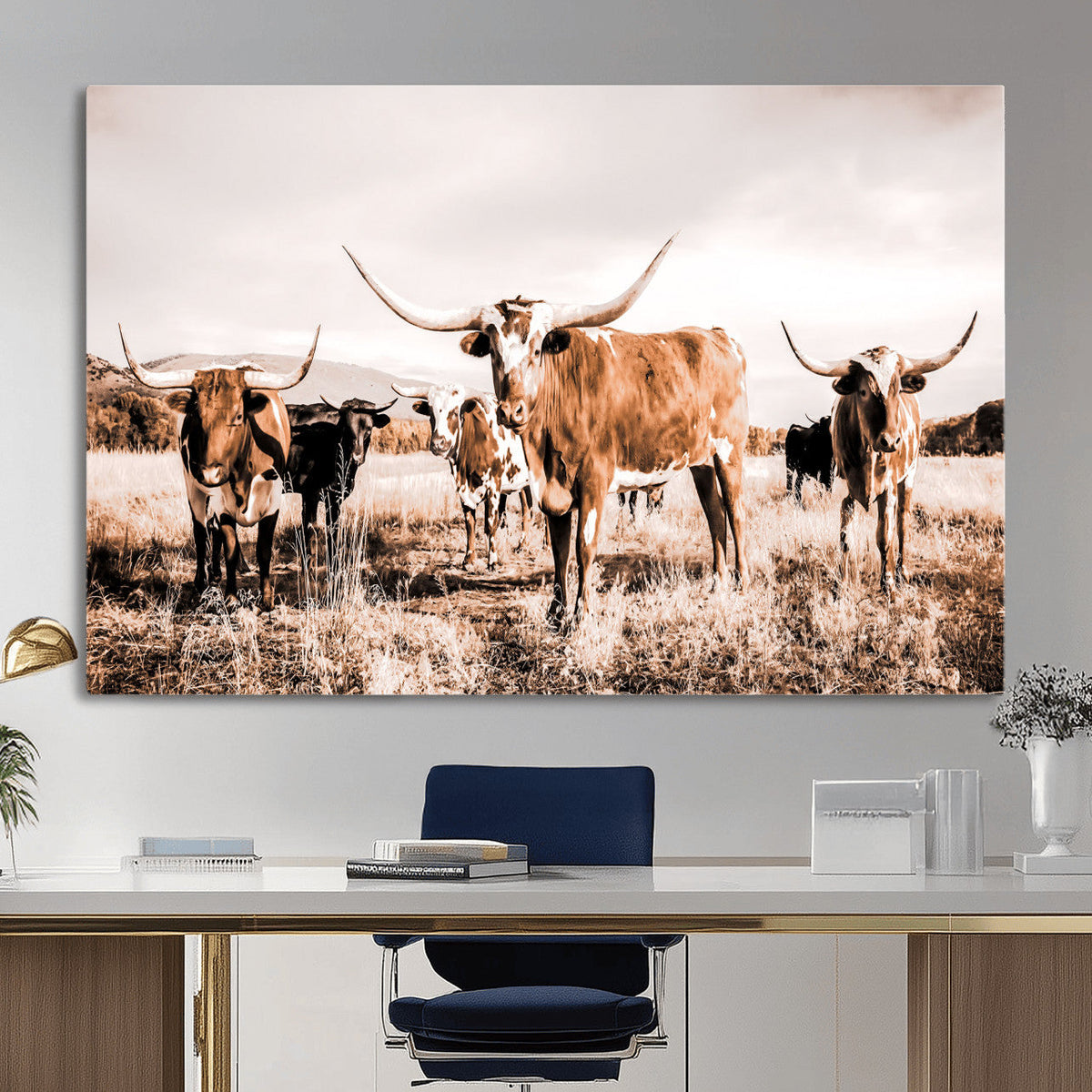 Texas Longhorn Cattle Wall Art Canvas Print, Sepia Western