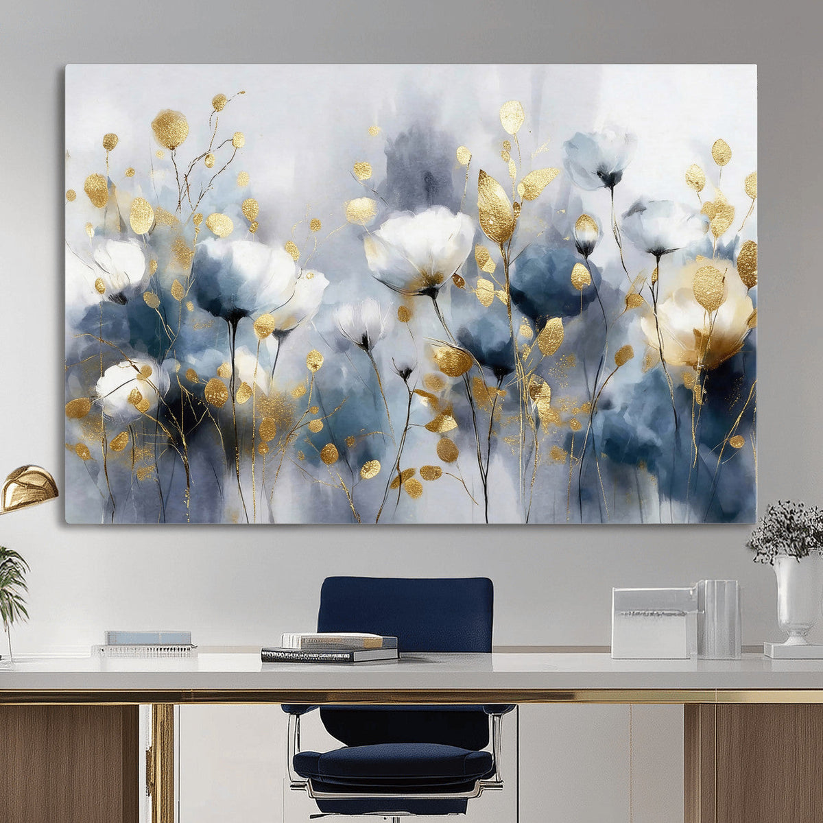 Large Abstract Flowers Wall Art Canvas Print – Gold and Blue