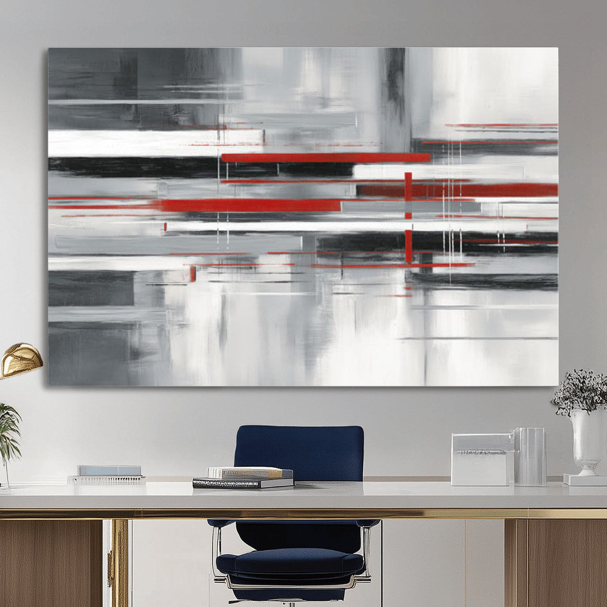 Gray Red Abstract Wall Art Canvas Print, Modern Abstract