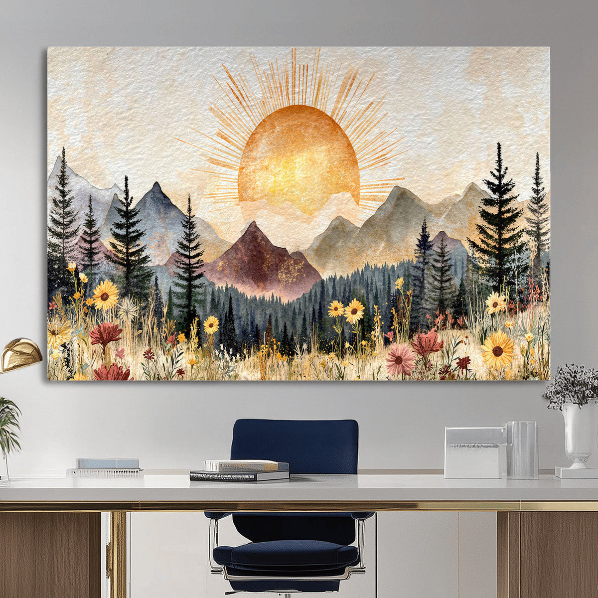 Boho Mountain Landscape Large Wall Art, Horizontal Gold
