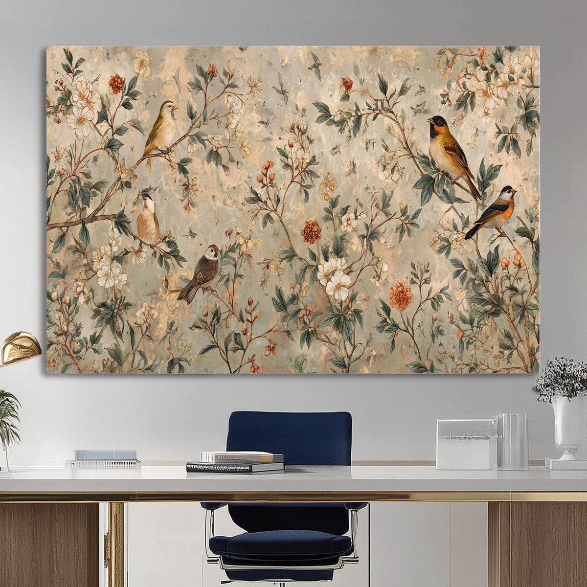 Vintage Birds and Flowers Wall Art Canvas Print, Botanical