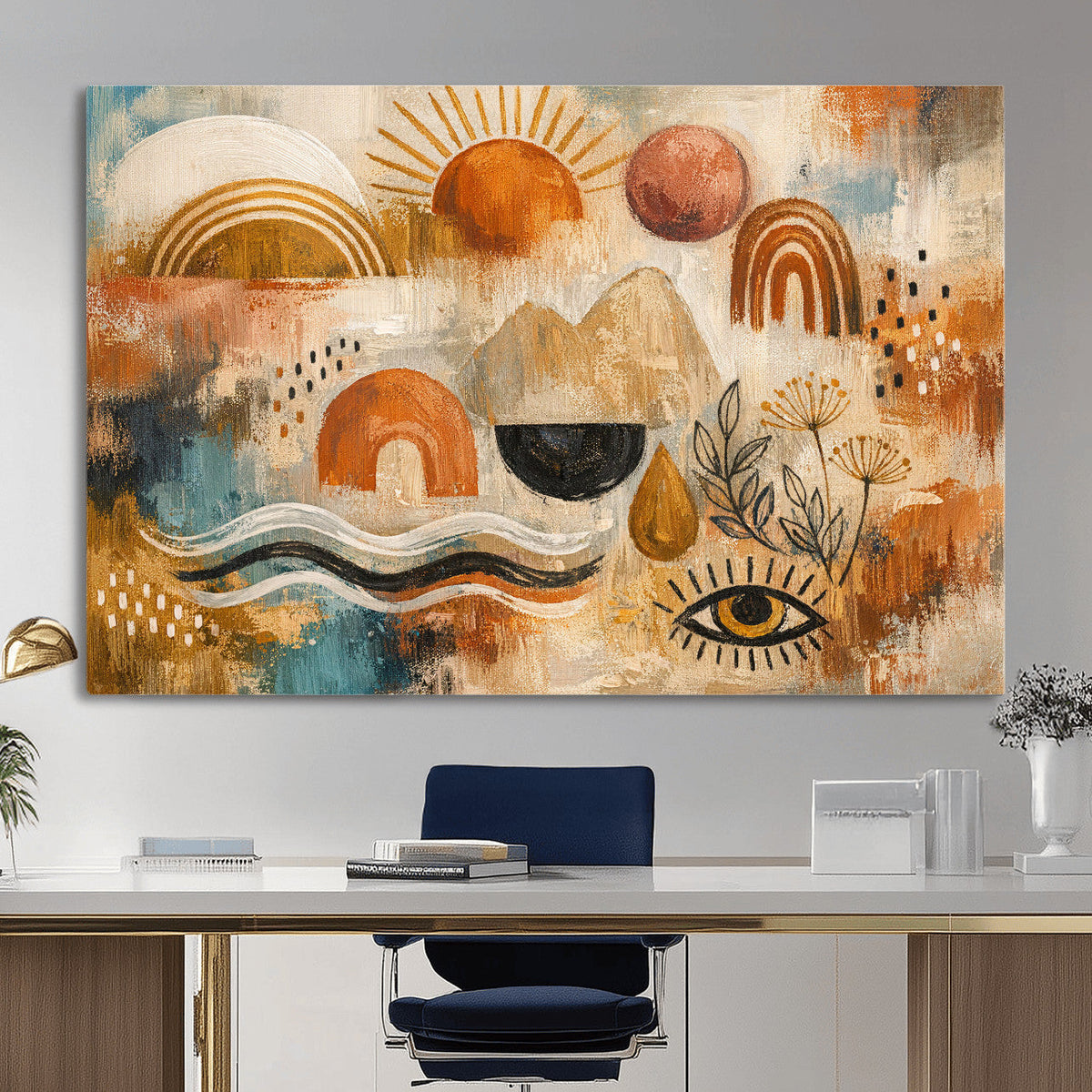 Geometric Boho Abstract Wall Art Canvas Print, Orange Blue