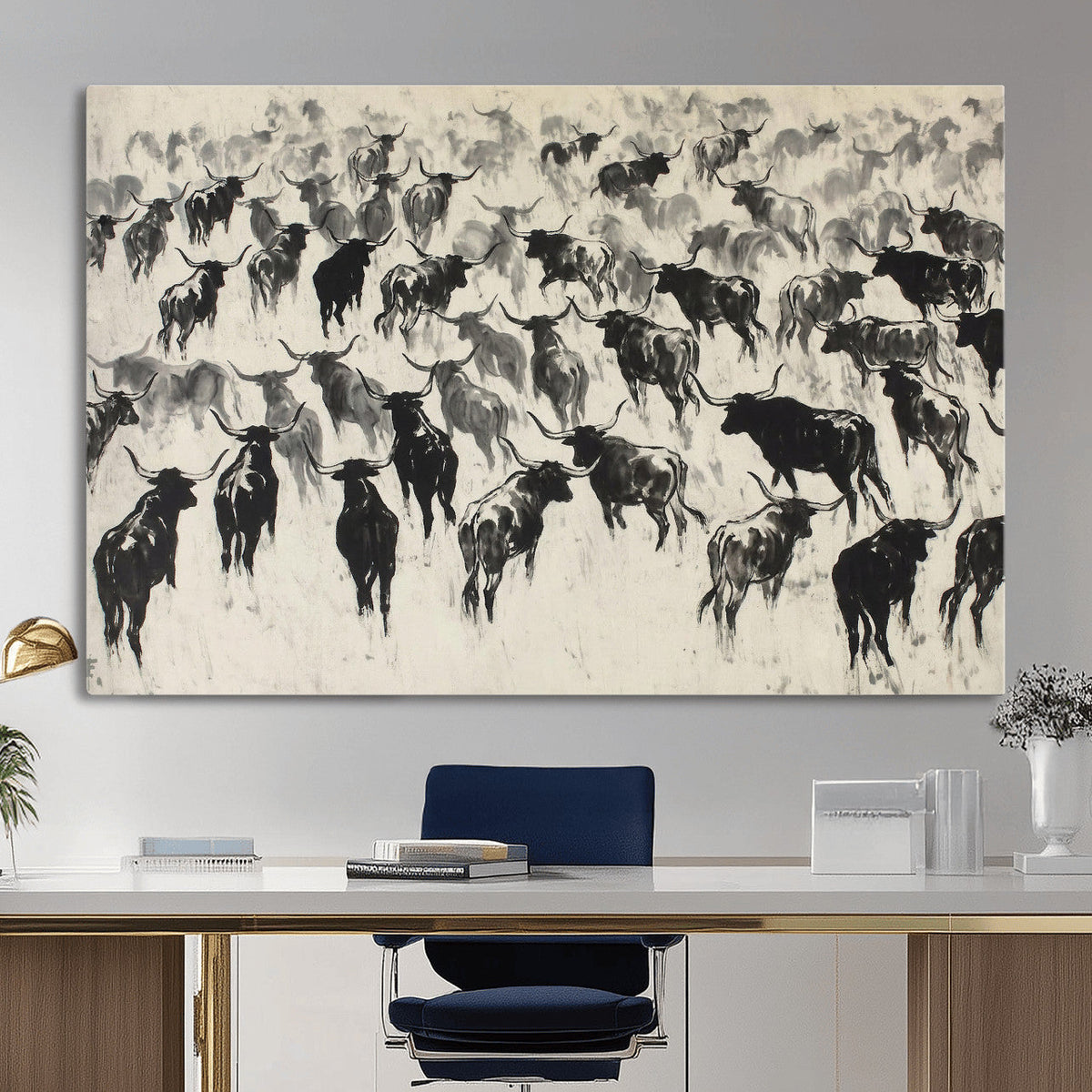 Longhorn Cattle Canvas Wall Art, Black White Stampede Ink