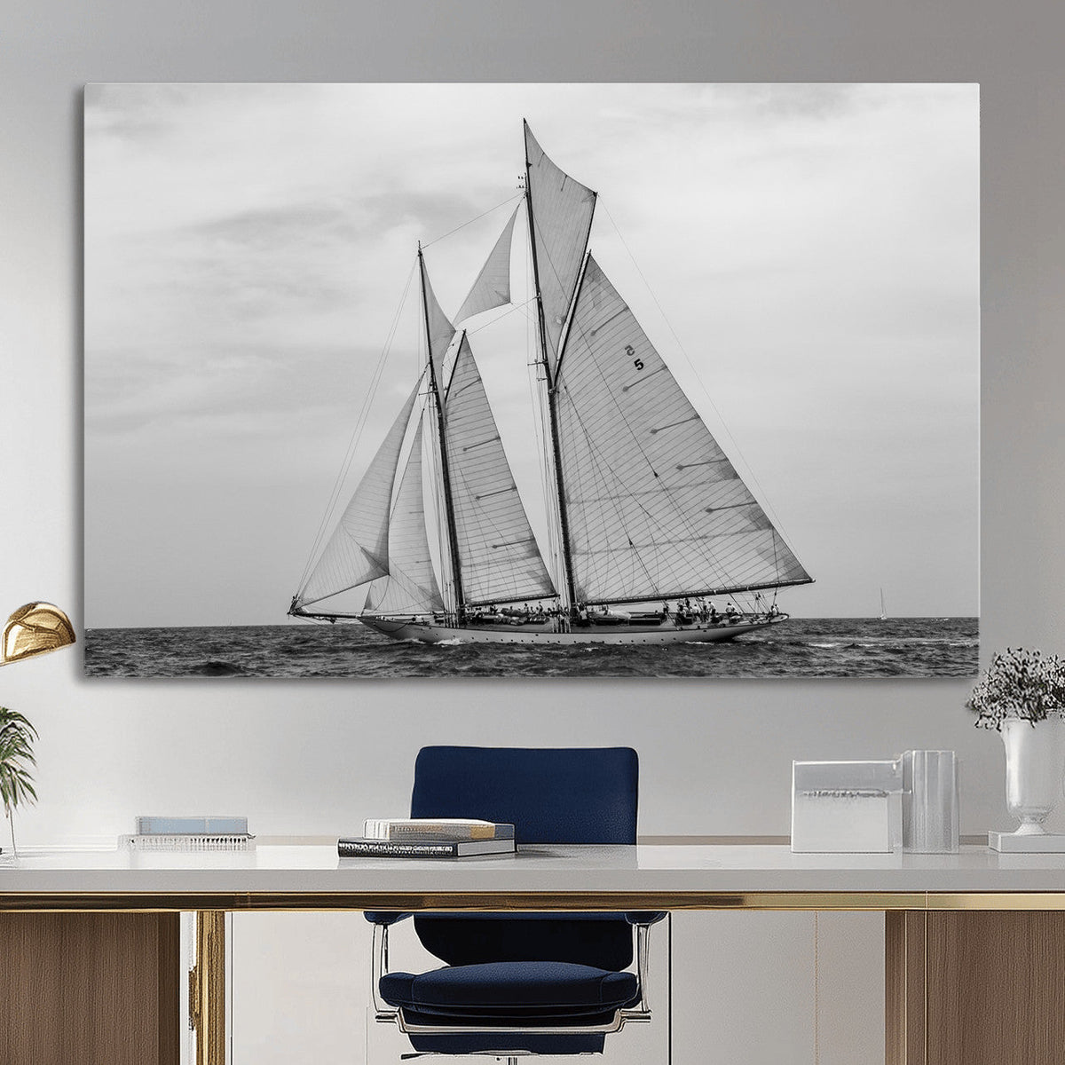 Vintage Sailboat Wall Art Canvas Print, Black and White