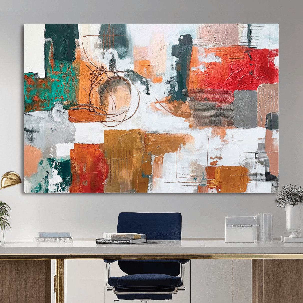 Blue Teal Abstract Canvas Wall Art, Modern Textured Painting Print, Navy Orange White Contemporary Art, Neutral Living Room Decor, Office Art