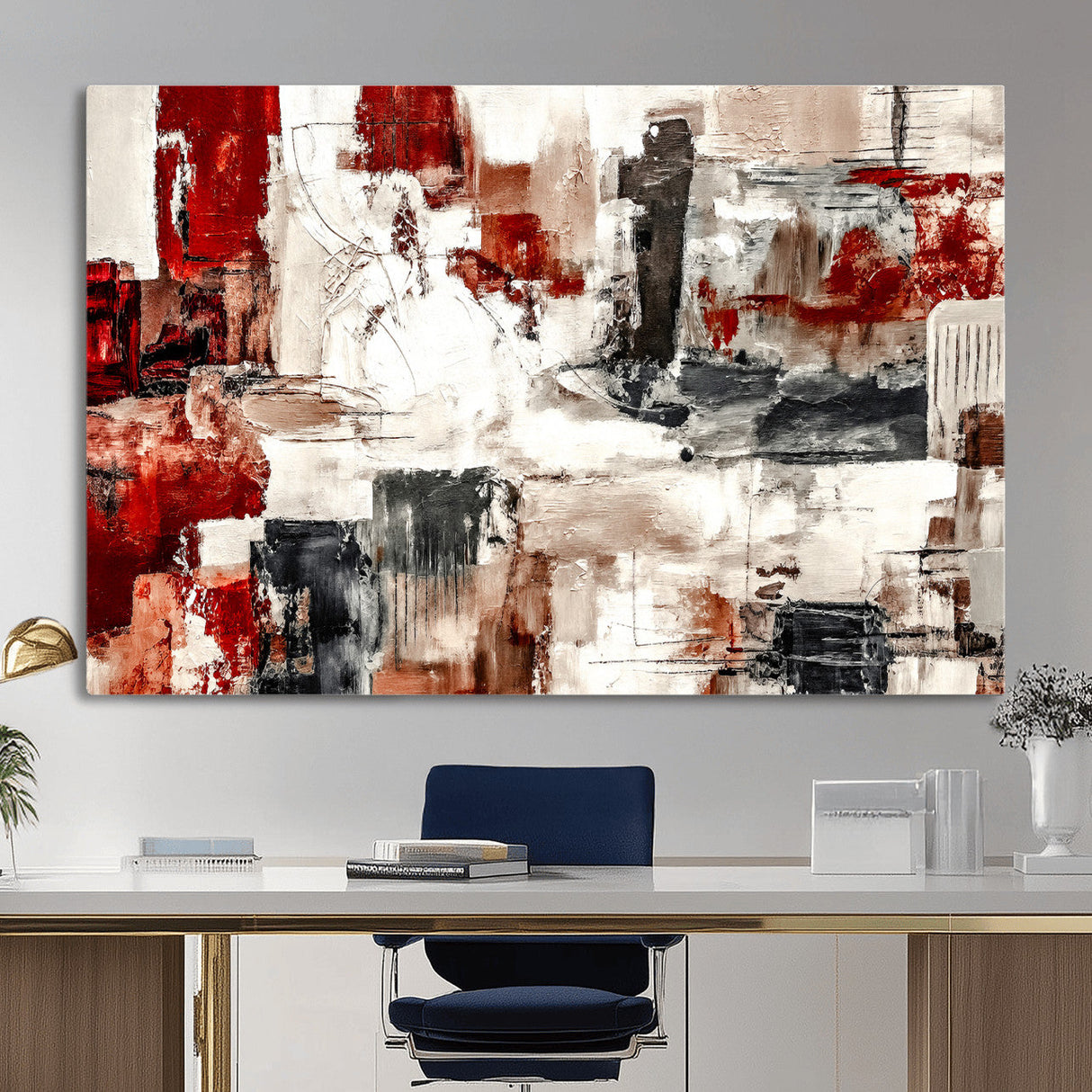 Blue Teal Abstract Canvas Wall Art, Modern Textured Painting Print, Navy Orange White Contemporary Art, Neutral Living Room Decor, Office Art