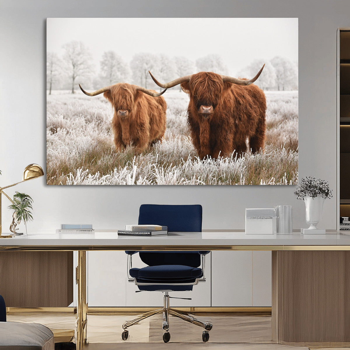 Longhorn Cattle Wall Art Canvas Print, Framed Farmhouse