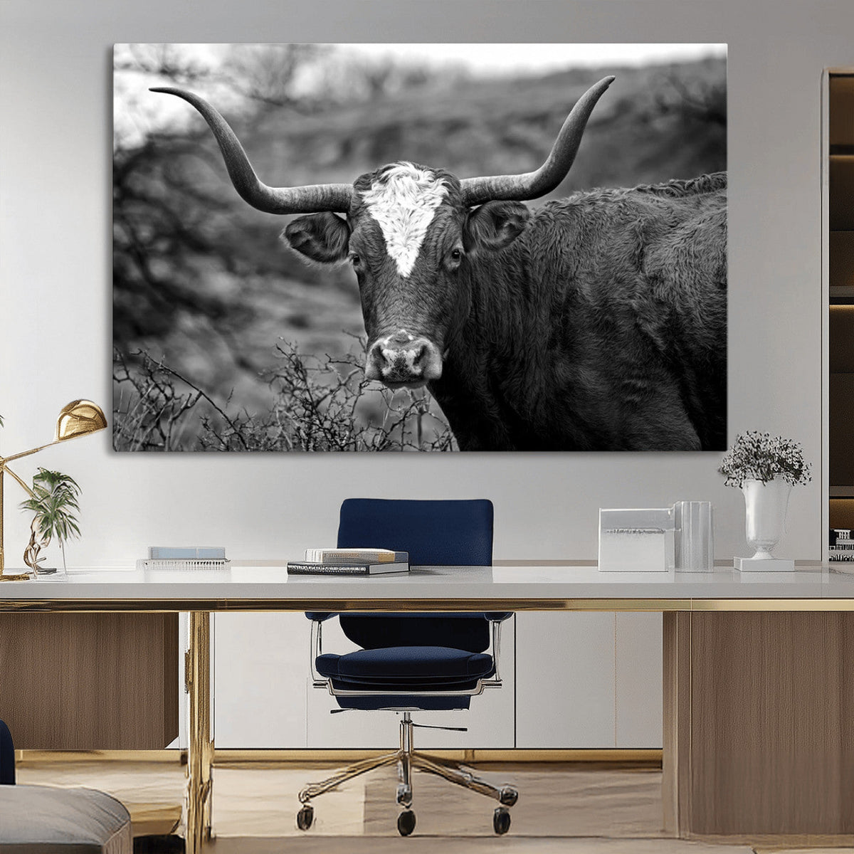 Western Home Wall Art Canvas Print, Framed Texas Longhorn