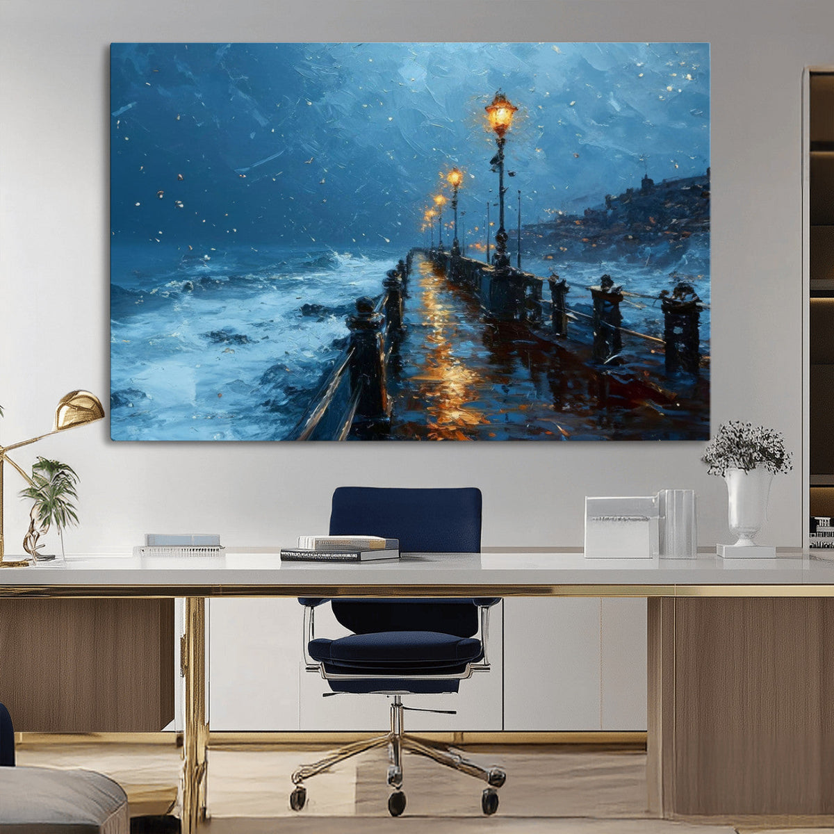 Stormy Night at Beach Pier Oil Painting Large Wall Art