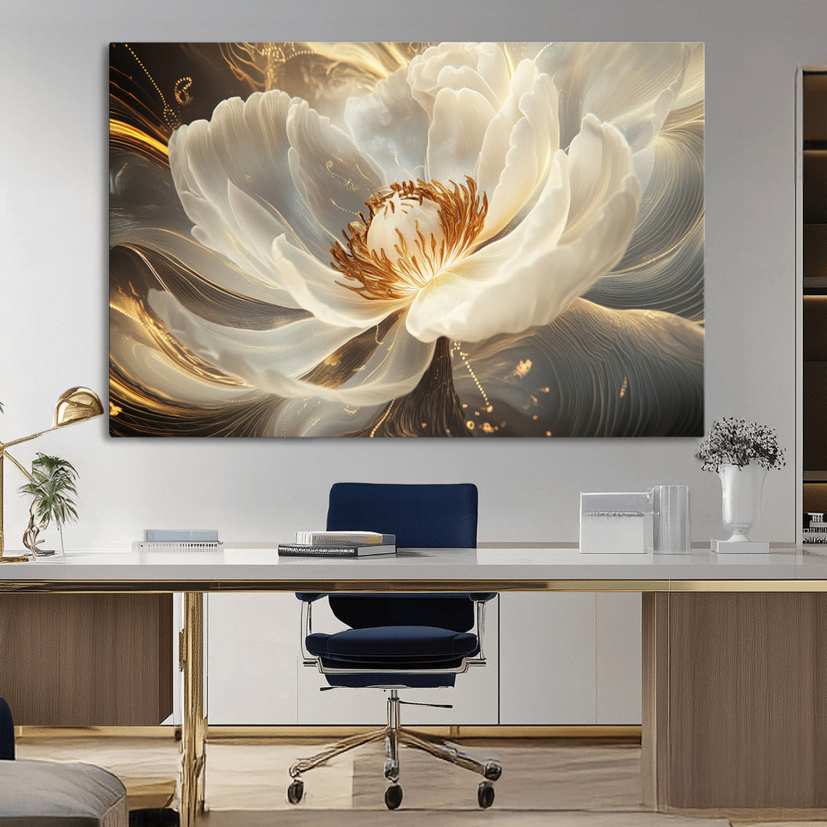 Gold Floral Wall Art Canvas Print, Framed Modern Flower Art