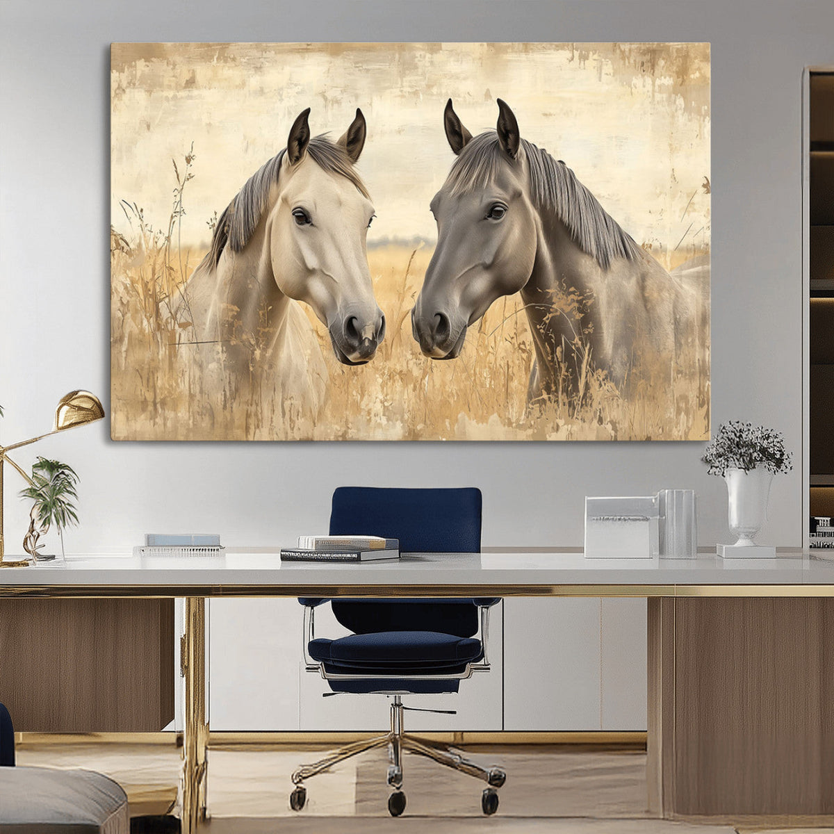 Chines Ink Style Grunge Horses Wall Art Canvas Print