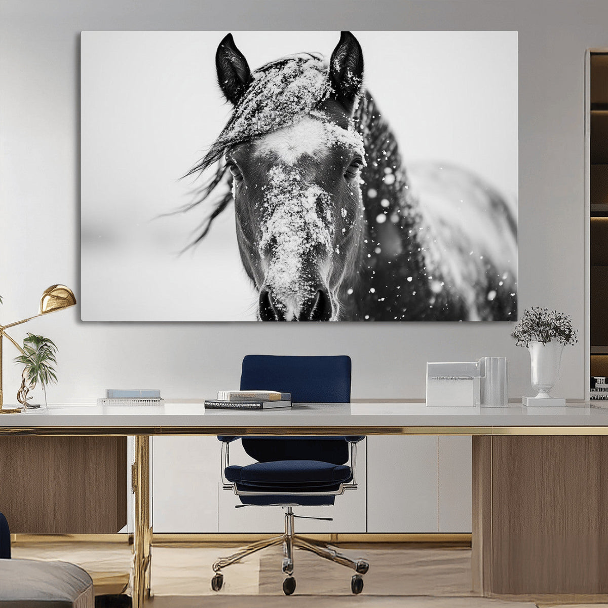 Western Wall Art | Black and White Winter Horse Wall Art |