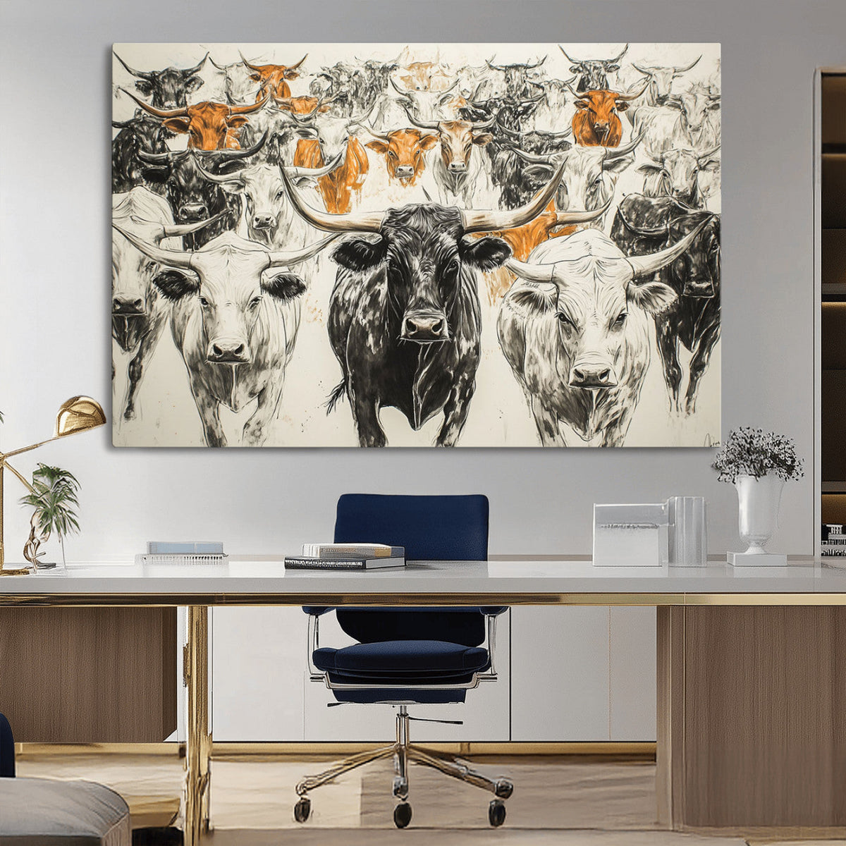 Farmhouse Wall Art | Western Longhorn Cattle Canvas Print |