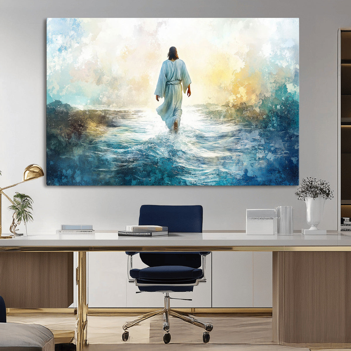 Watercolor Jesus Walking on Water Canvas Print, Christian