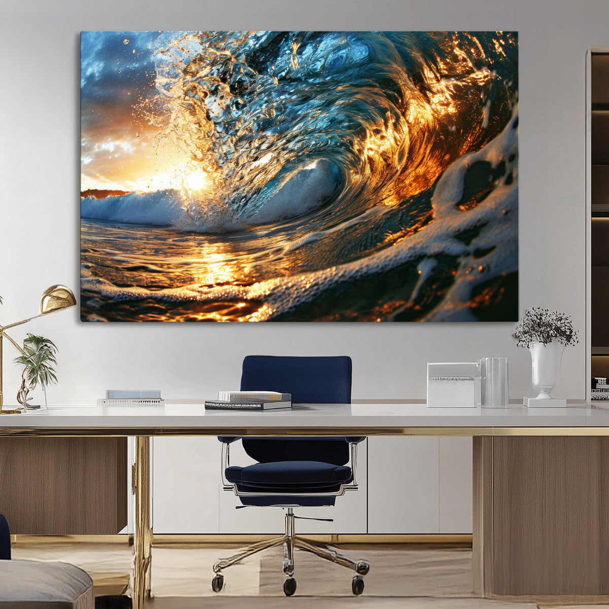 Ocean Wave at Sunset Canvas Wall Art – Vibrant Coastal Beach
