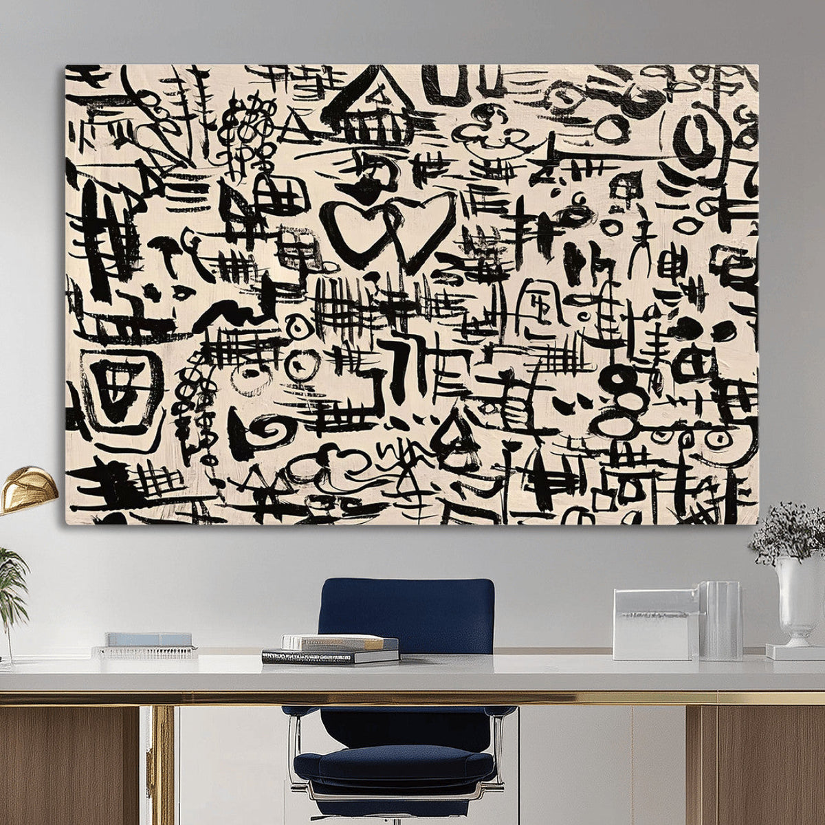 Abstract Love and Chaos Canvas Print, Black Symbols on Beige