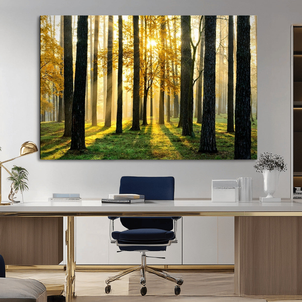 Sunlit Forest Wall Art Canvas Print – Large Framed Woodland