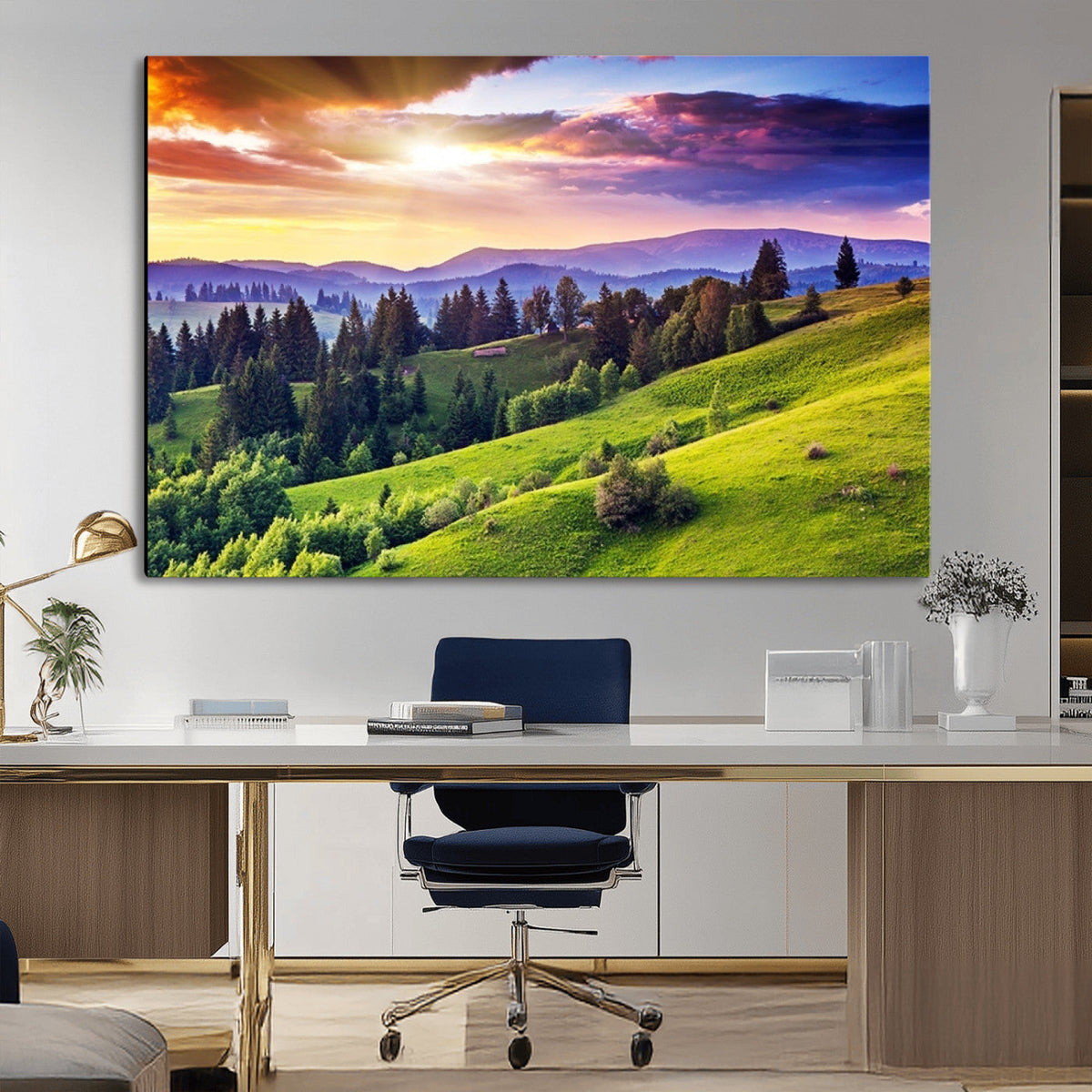 Green Hills and Sunset Wall Art Print - Scenic Landscape