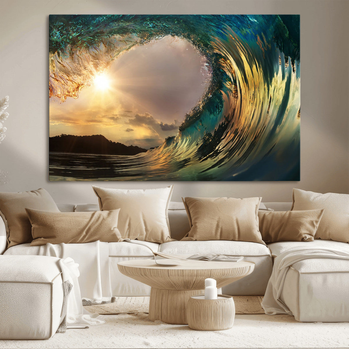 Golden Wave Sunset Canvas Print – Large Coastal Wall Art for