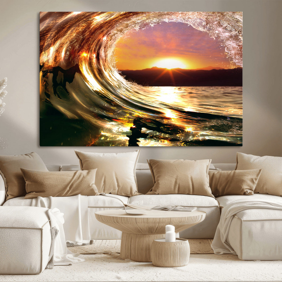 Golden Wave Sunset Triptych Canvas Art, Giclee Canvas Print