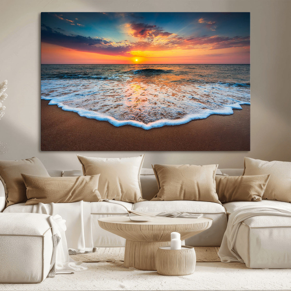 Sunset Beach Canvas Wall Art – Colorful Ocean Waves Triptych