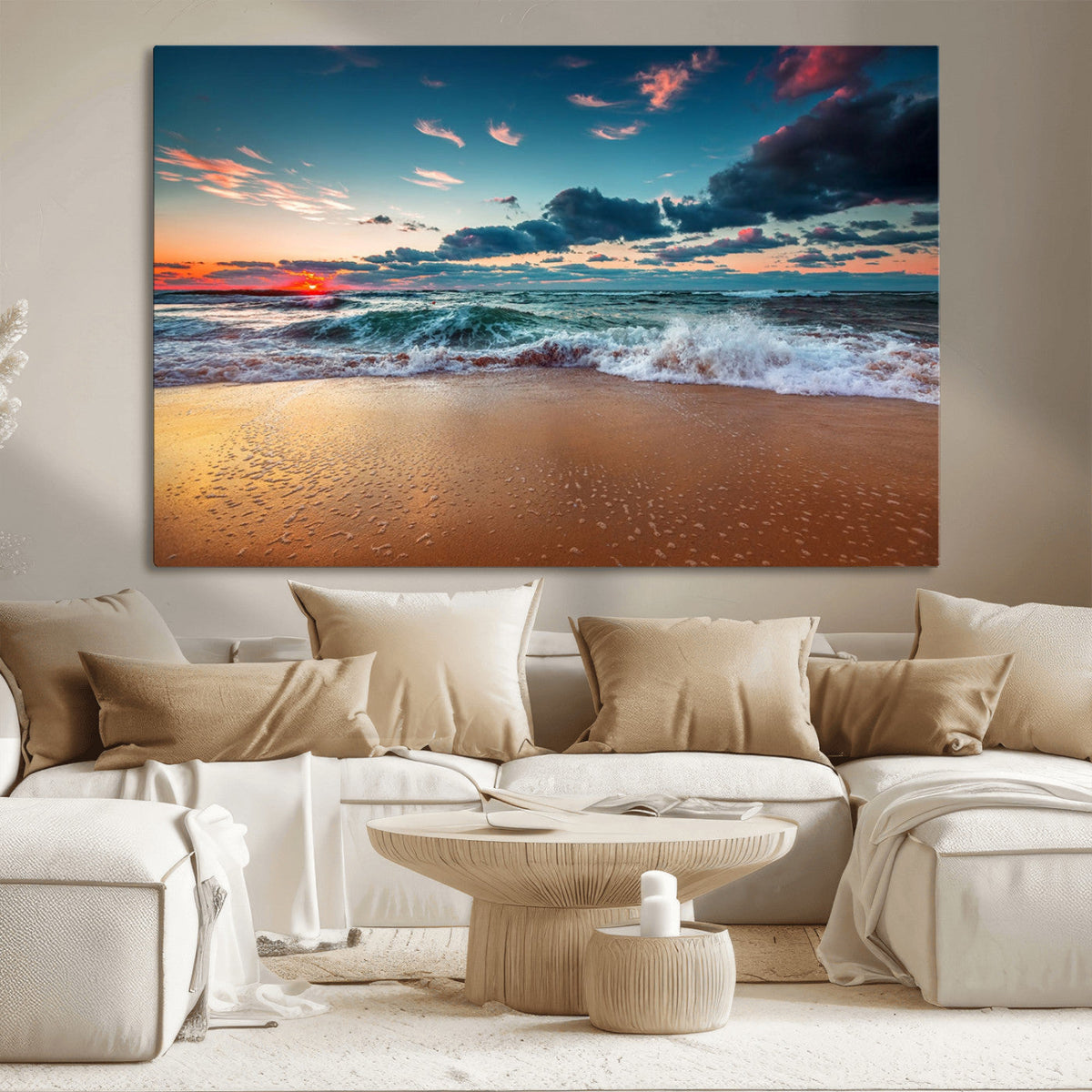 Sunset on Beach Wall Art Ocean Beach Canvas Print