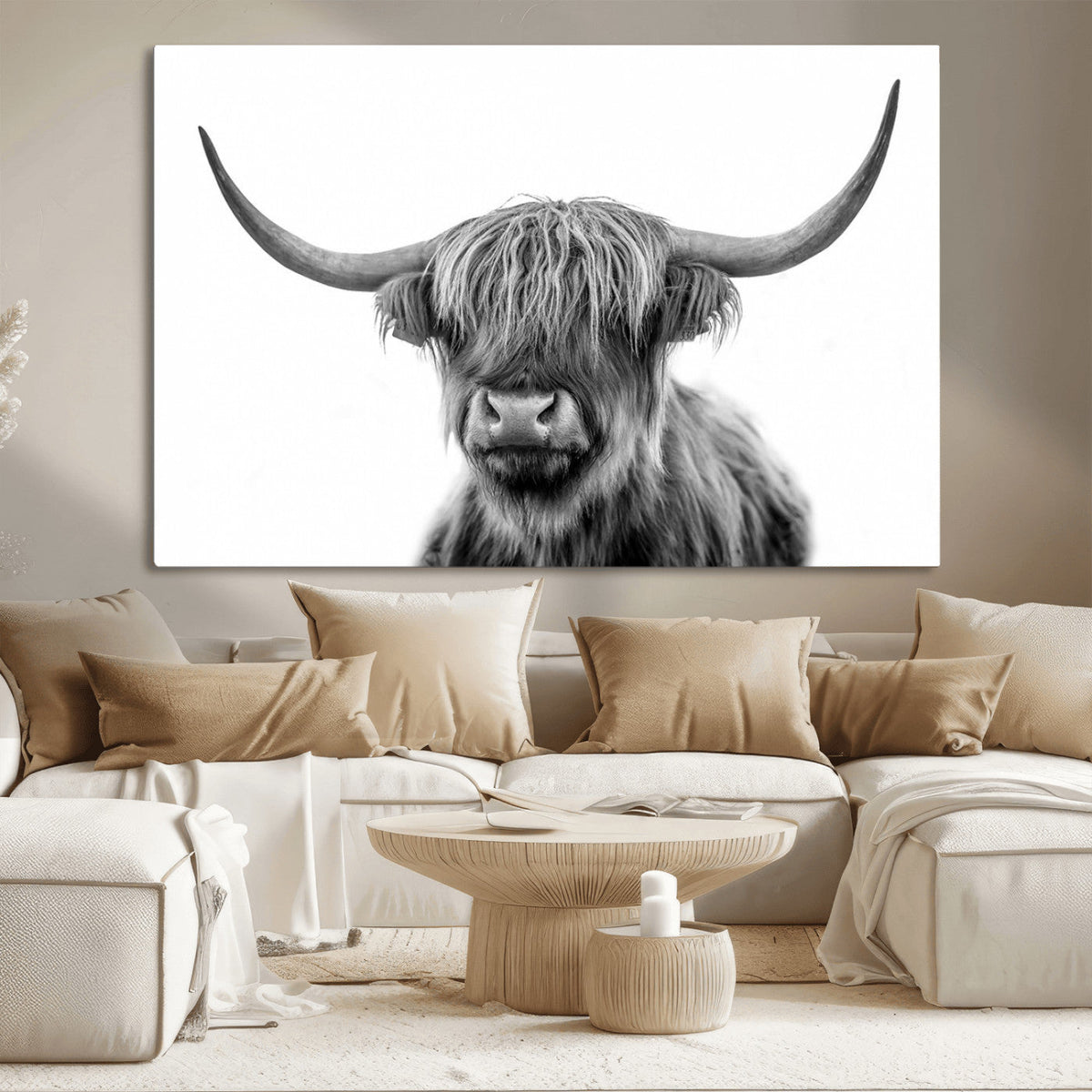 Grayscale Scottish Highland Cow Cattle Art Print Farmhouse