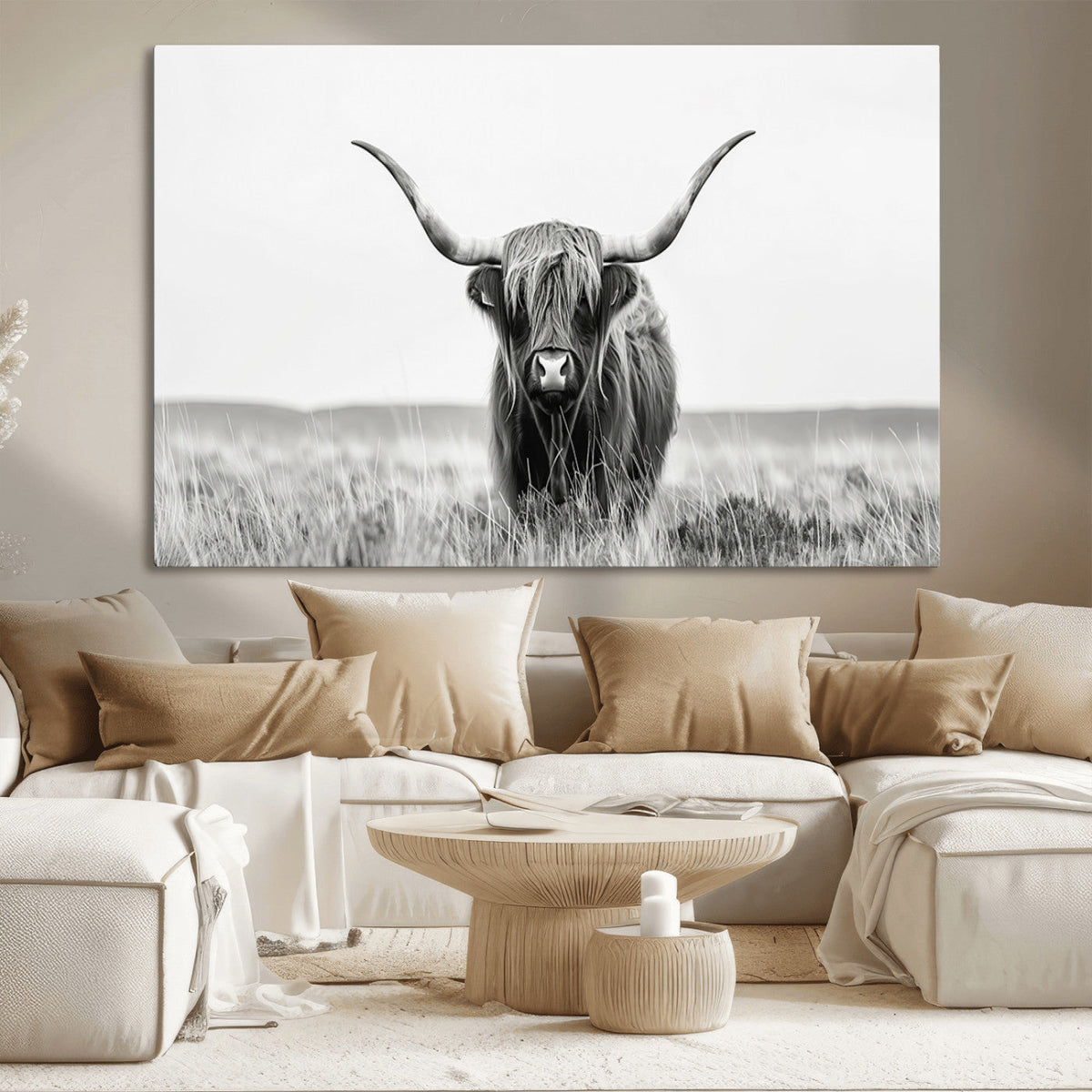 Highland Cow Canvas Wall Art – Majestic Beauty in Black and