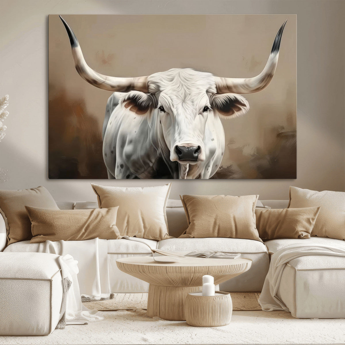 White Longhorn Bull Wall Art Canvas Print – Framed and Ready