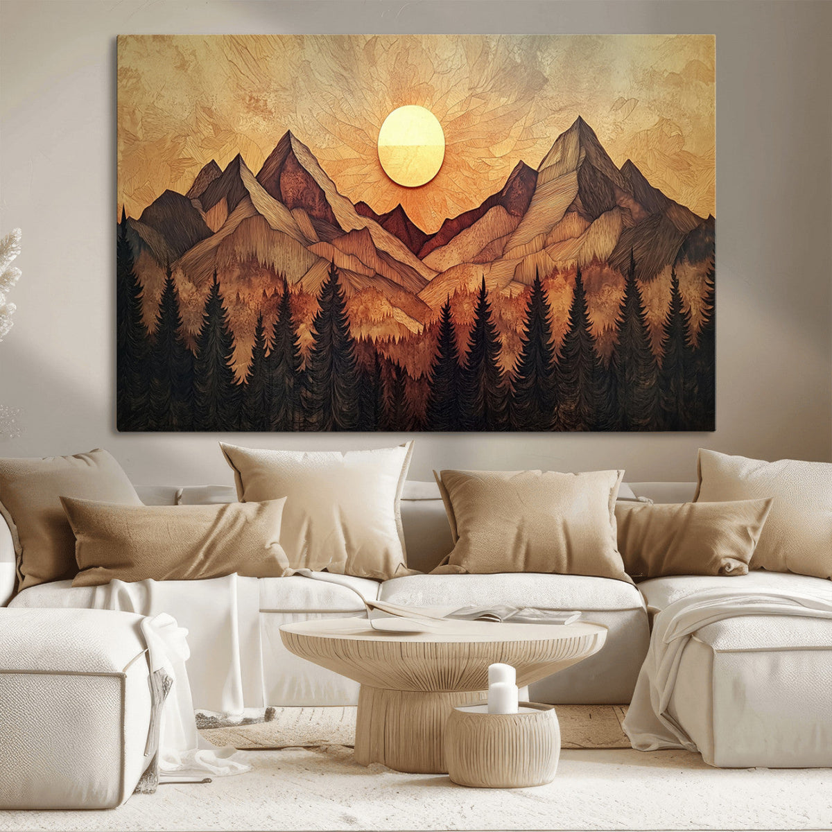 Wood Style Abstract Mountain Sunset Canvas Wall Art Print -