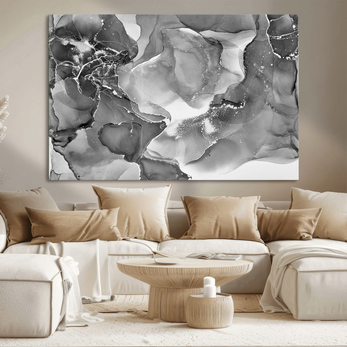 Black White Abstract Canvas Wall Art - Fluid Ink Artwork -