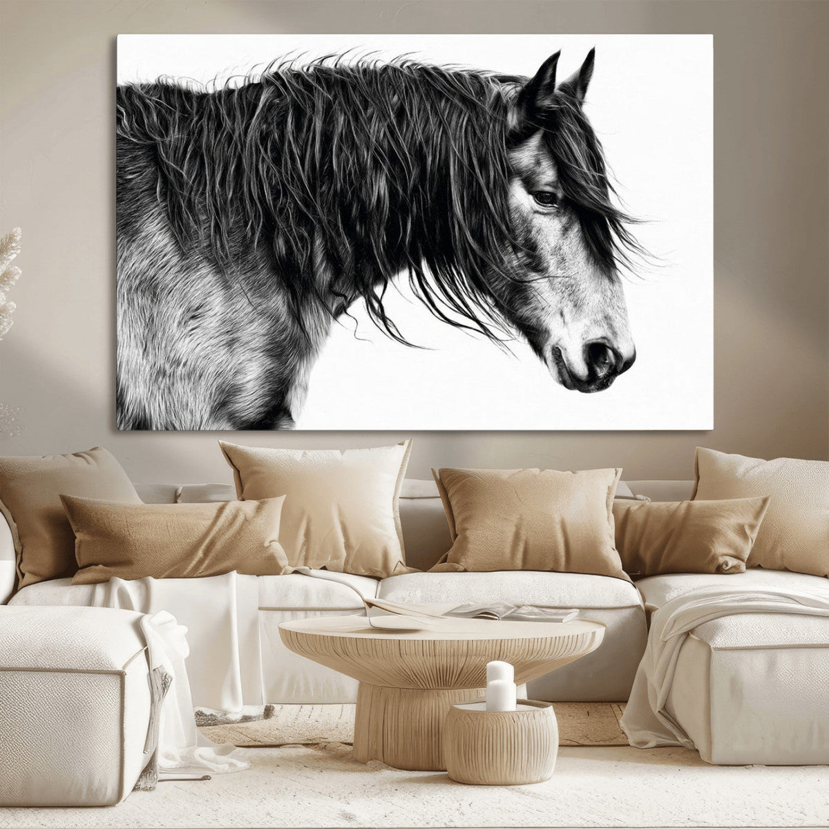 Majestic Horse Wall Art – Framed Black White Portrait Canvas