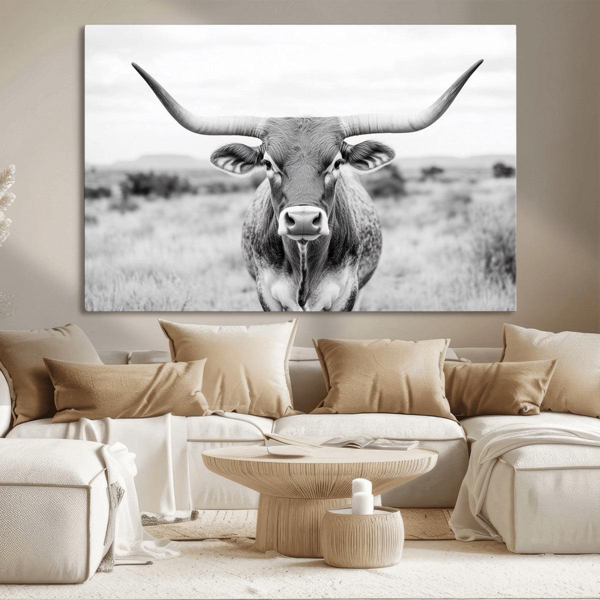 Highland Cow Wall Art Canvas Print – Black and White Western