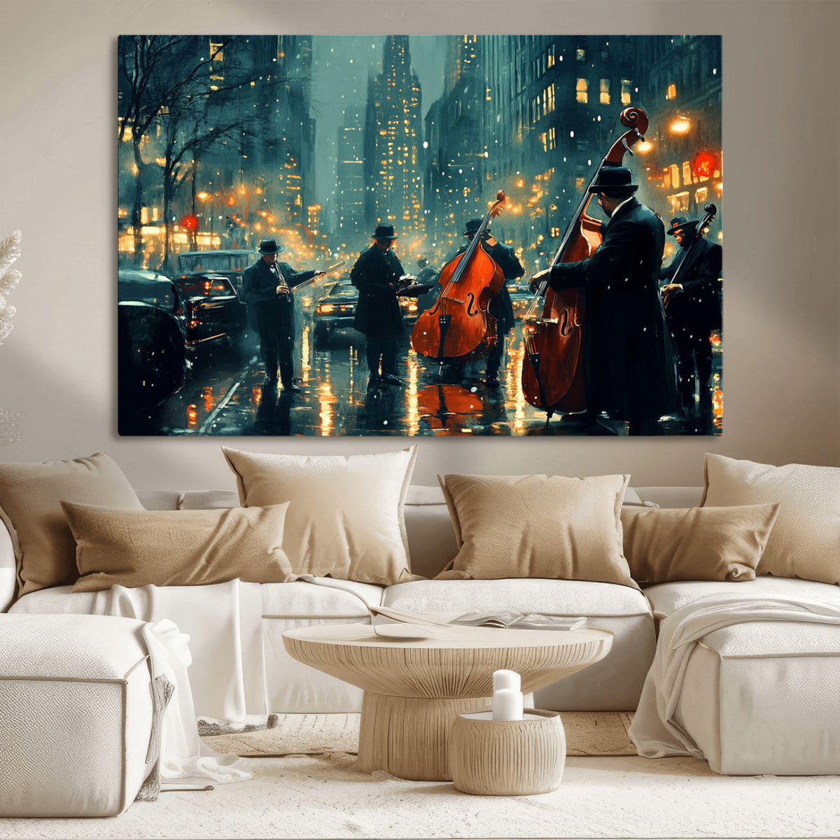 Urban Night Jazz Wall Art Canvas Print – Moody Rain-Soaked