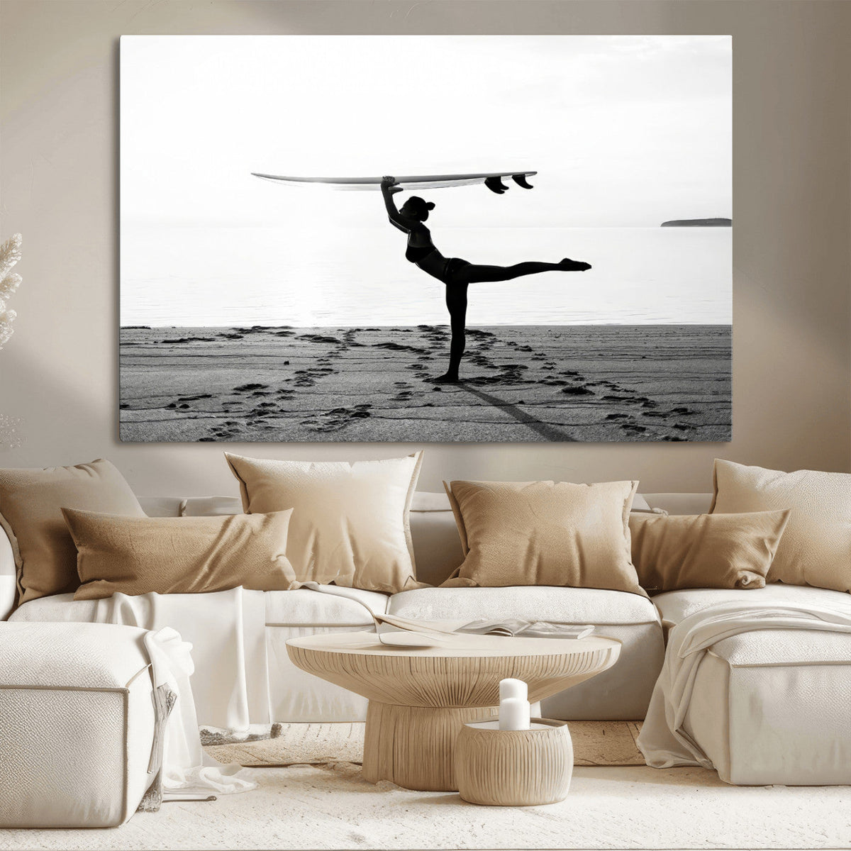 Yoga Surf Wall Art Canvas Print – Framed Black White Shore