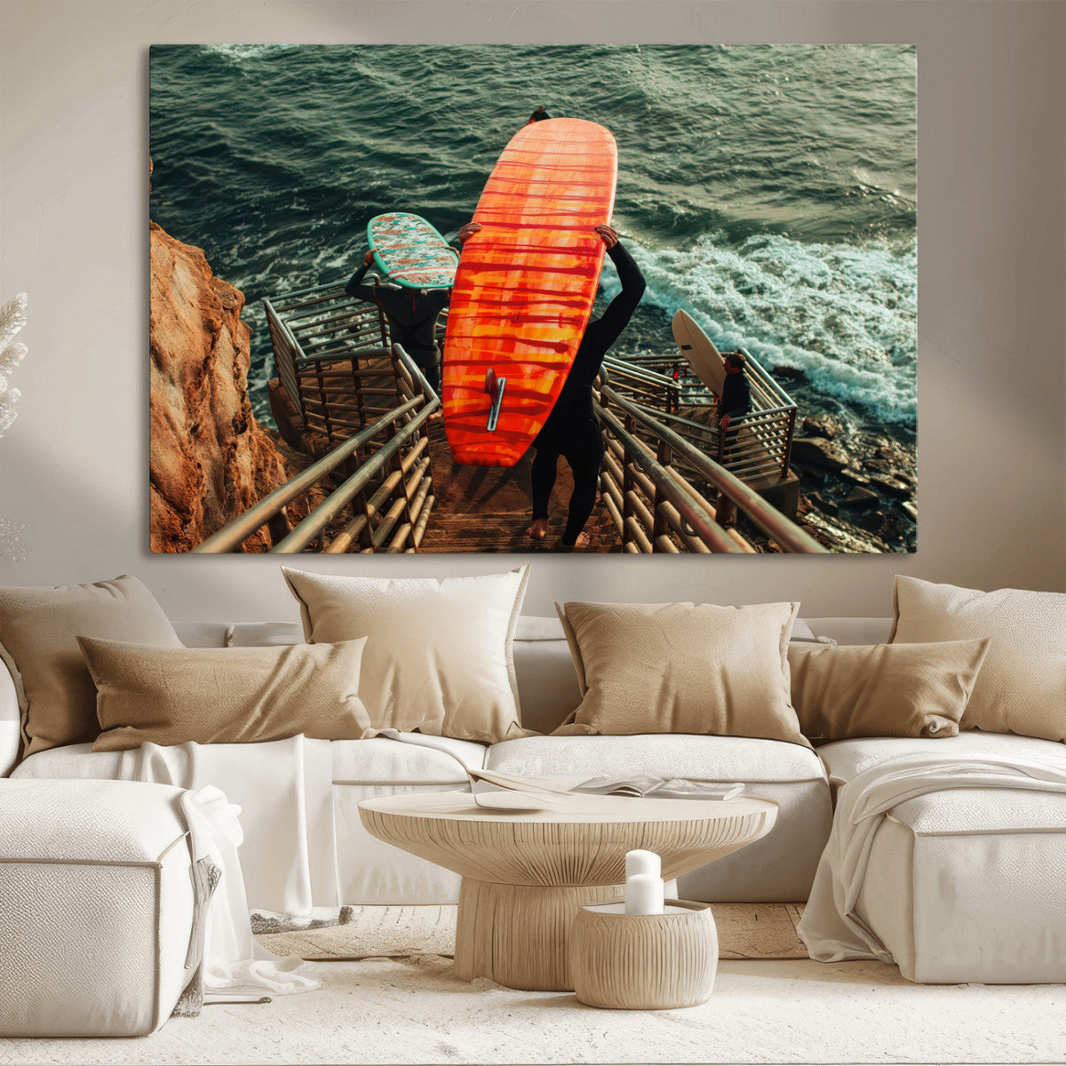 Surfer Stairway Wall Art Canvas Print – Framed Ocean Surf