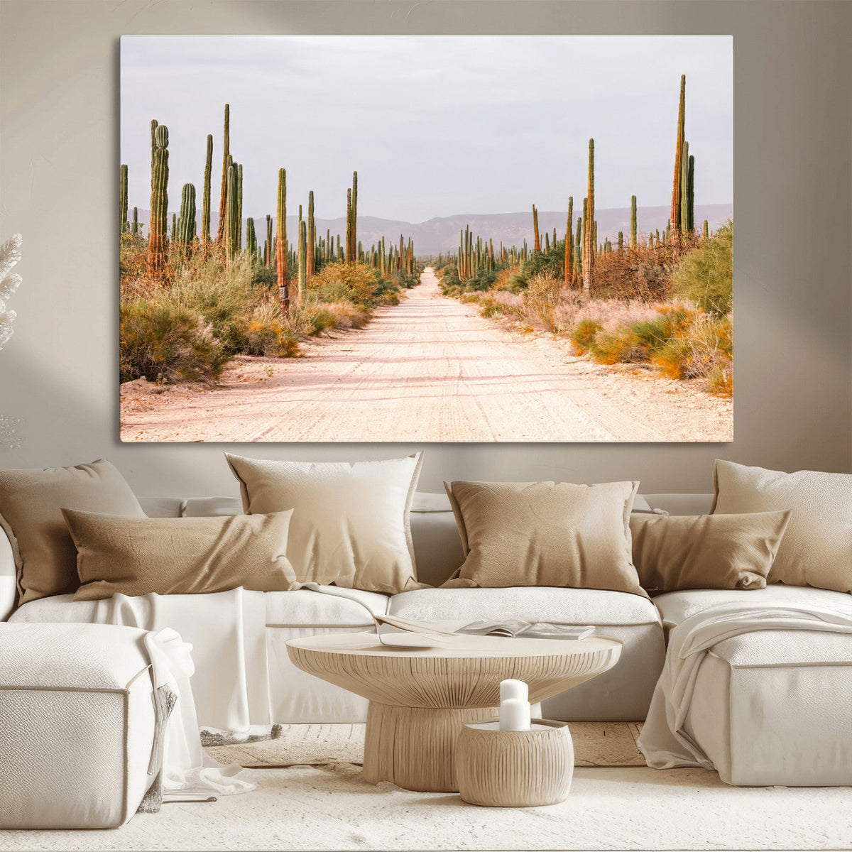 Desert Cactus Lined Road Wall Art Canvas Print – Framed