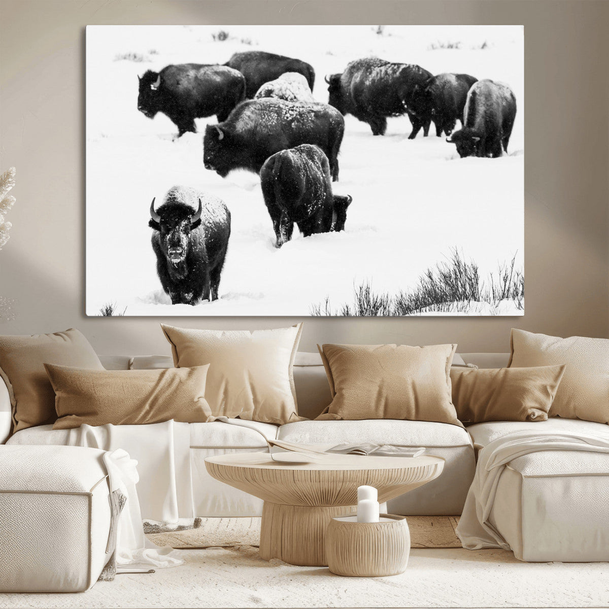 Buffalo Herd Wall Art Canvas Print – Framed Black and White