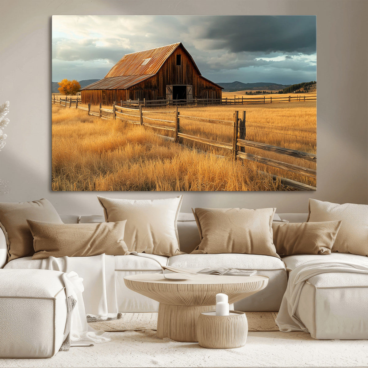 Golden Sunset Barn Wall Art Canvas Print, Rustic Autumn Farm