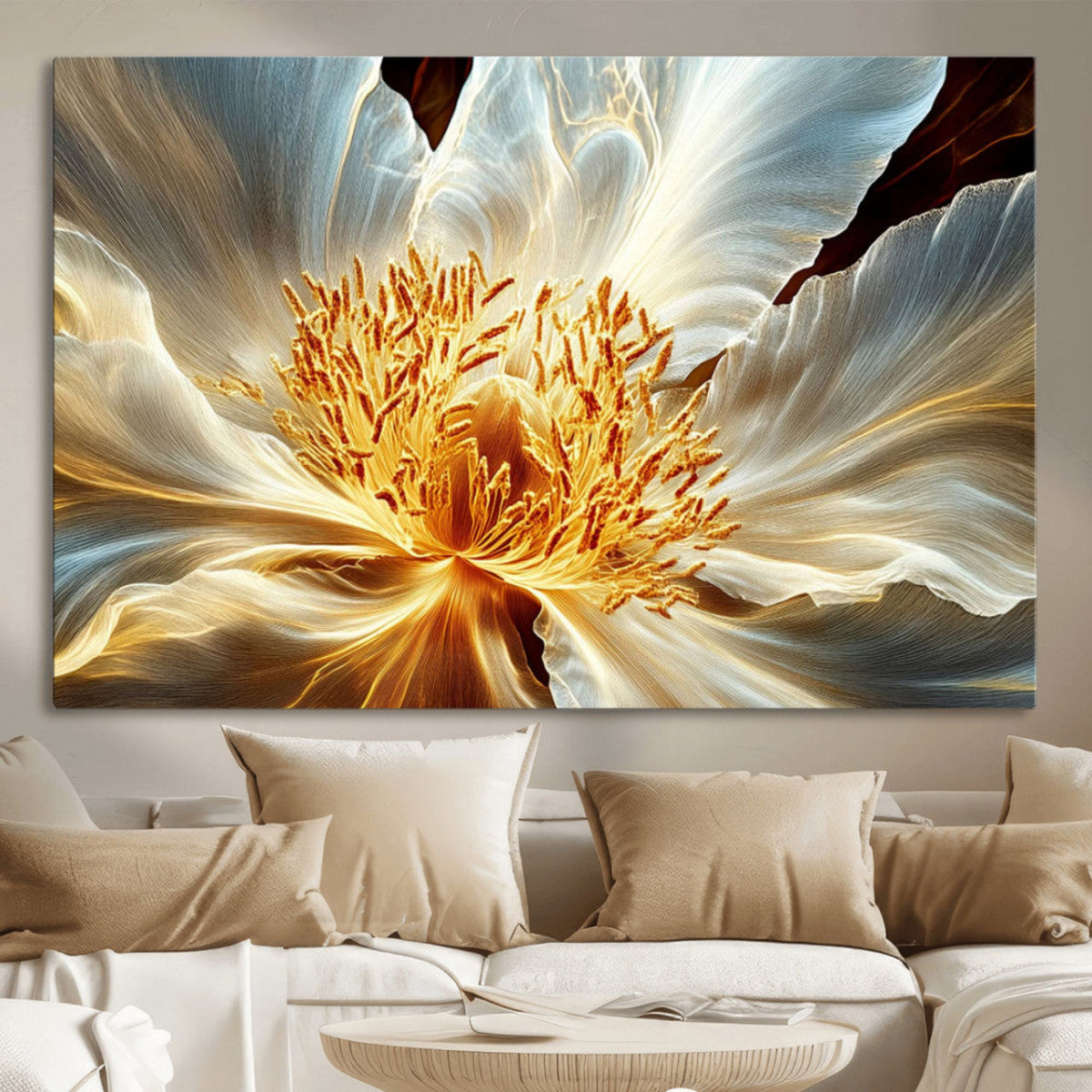 Golden Abstract Flower Canvas Wall Art, Modern Botanical