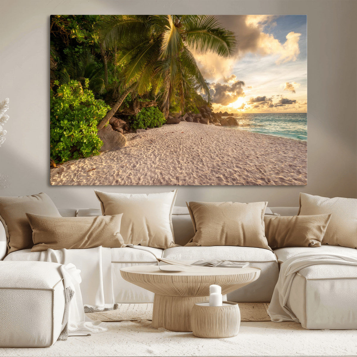 Tropical beach sunset, palm trees, white sand, ocean waves,