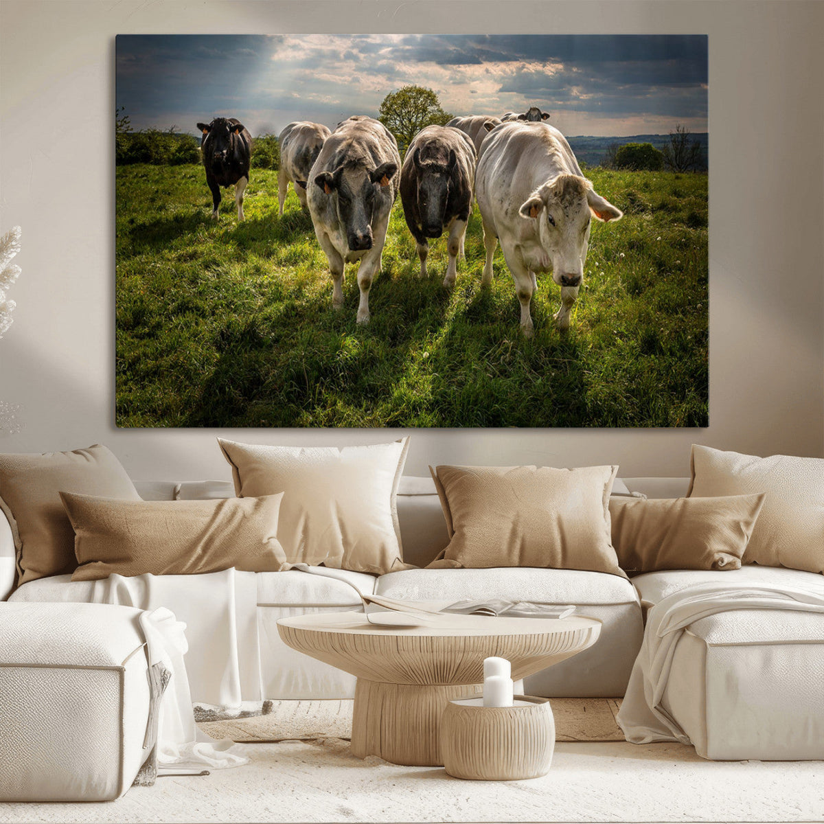 Grazing Cattle Herd Wall Art, Green Pasture Livestock Canvas