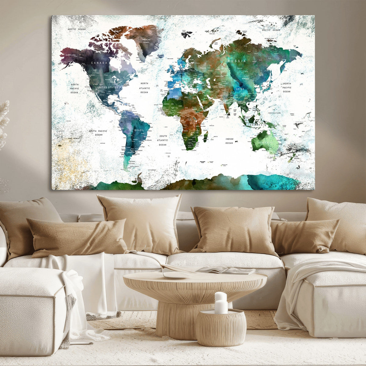 Modern Watercolor World Map Canvas Wall Art – Framed